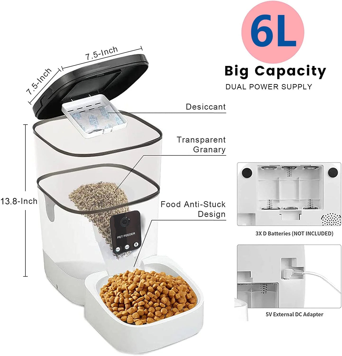 Pet Feeder,6L Automatic Pet Feeder for Cats and Dogs,1080P Camera,App Control,Voice Recorder,Timed Feeder for Schedule Feeding, Dual Power Supply,Wifi Pet Food Dispenser with App Control - Ultimate Online Deals