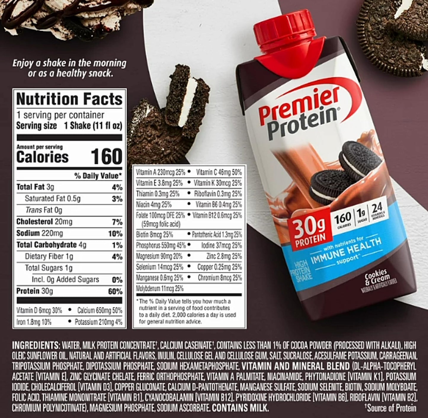 Premier Shake| Variety Pack of Protein Shake, Chocolate, Vanilla, Caramel, Cafe Latte, Strawberries |30g Protein, 1g Sugar, 24 Vitamins & Minerals, Nutrients to Support Immune Health| 11 Fl Oz (BETRULIGHT Premier Value Case of 15) (Cookies & Cream) - Ultimate Online Deals