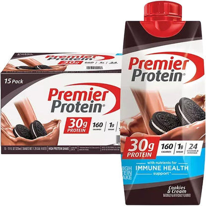 Premier Shake| Variety Pack of Protein Shake, Chocolate, Vanilla, Caramel, Cafe Latte, Strawberries |30g Protein, 1g Sugar, 24 Vitamins & Minerals, Nutrients to Support Immune Health| 11 Fl Oz (BETRULIGHT Premier Value Case of 15) (Cookies & Cream) - Ultimate Online Deals