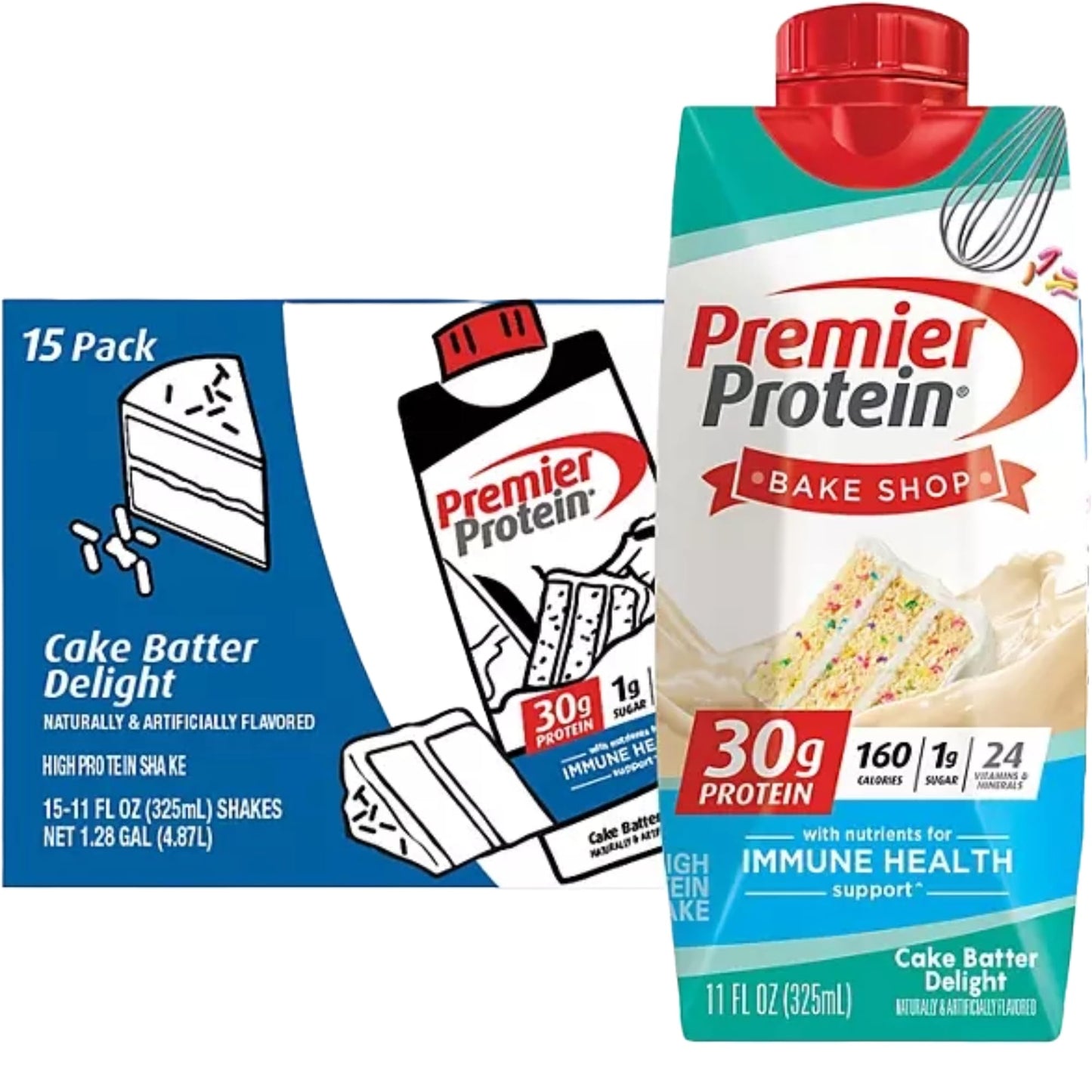 Premier Shake| Variety Pack of Protein Shake, Chocolate, Vanilla, Caramel, Cafe Latte, Strawberries |30g Protein, 1g Sugar, 24 Vitamins & Minerals, Nutrients to Support Immune Health| 11 Fl Oz (BETRULIGHT Premier Value Case of 15) (Cake Batter Delight) - Ultimate Online Deals