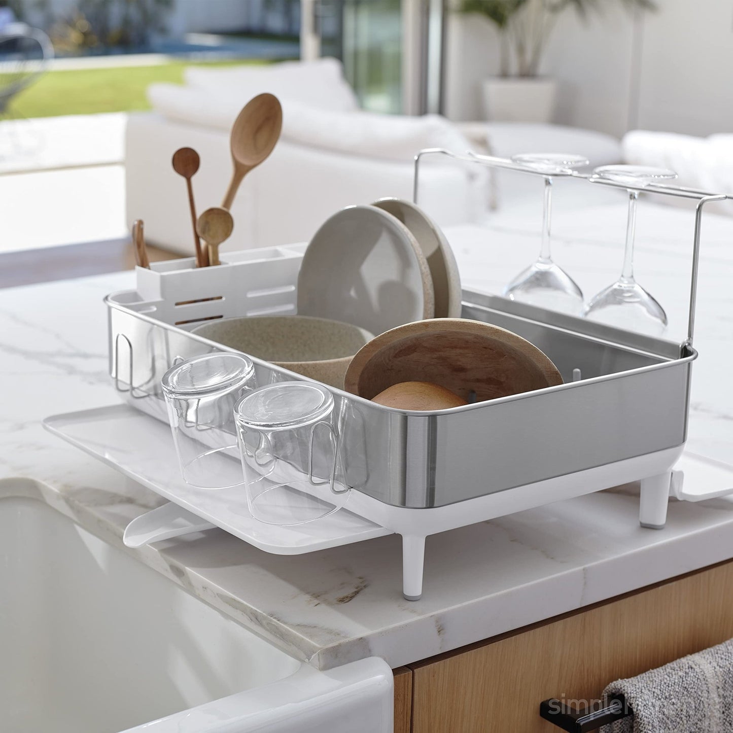 simplehuman Kitchen Dish Drying Rack With Swivel Spout, Fingerprint - Proof Stainless Steel Frame, White Plastic, 2022 Model - Ultimate Online Deals