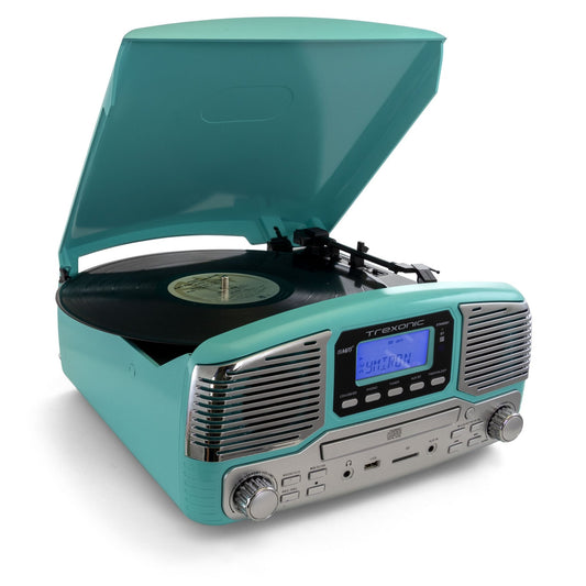 Trexonic Retro Wireless Bluetooth, Record and CD Player in Turquoise - Ultimate Online Deals