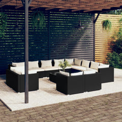 13-Piece Black Poly Rattan Patio Lounge Set with Cream Cushions